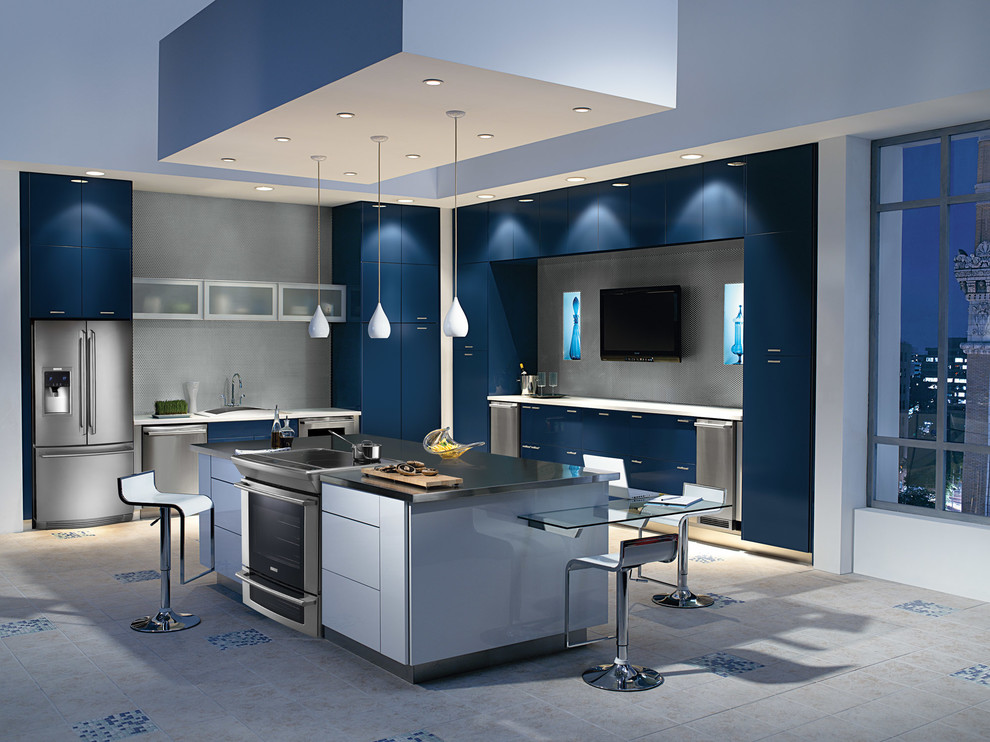 Inspiration for a medium sized contemporary l-shaped open plan kitchen in Bridgeport with a built-in sink, flat-panel cabinets, blue cabinets, granite worktops, stainless steel appliances, cement flooring and an island.