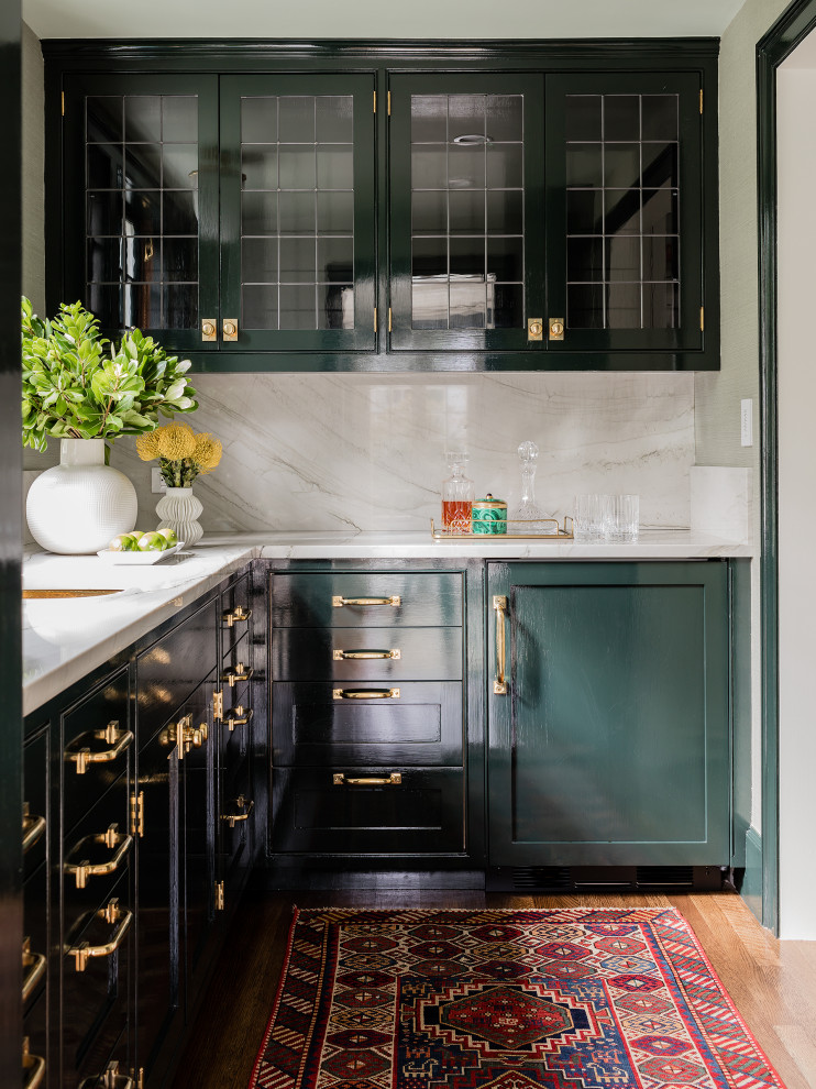 Inspiration for a small traditional l-shaped enclosed kitchen in Boston with a submerged sink, recessed-panel cabinets, green cabinets, white splashback, medium hardwood flooring, beige floors and white worktops.