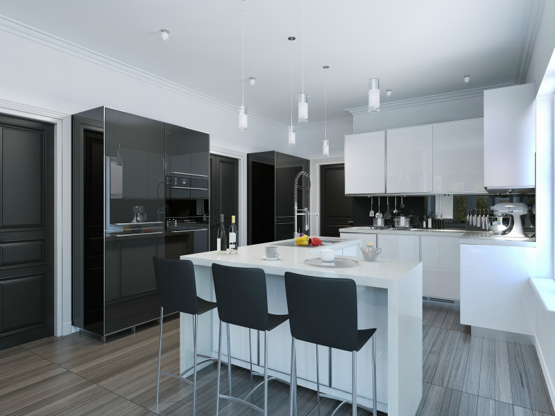 Immagine di una cucina minimal con ante lisce, ante bianche, paraspruzzi nero, paraspruzzi con lastra di vetro e pavimento grigio
