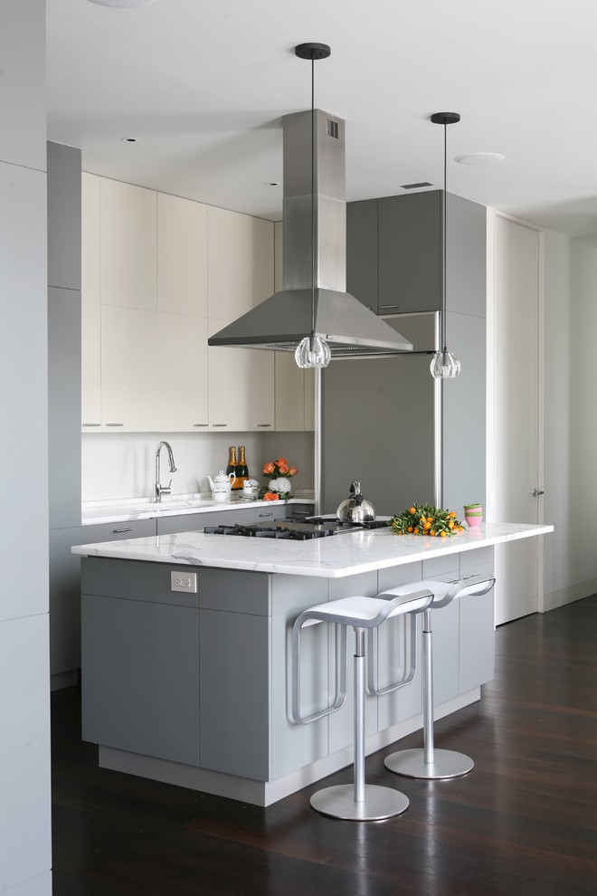 Modelo de cocina gris y blanca contemporánea con electrodomésticos de acero inoxidable