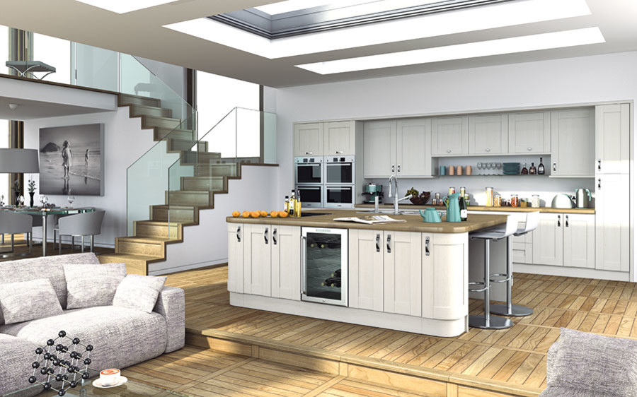 Exempel på ett stort modernt kök, med en undermonterad diskho, släta luckor, vita skåp, bänkskiva i kvartsit, rostfria vitvaror och en köksö
