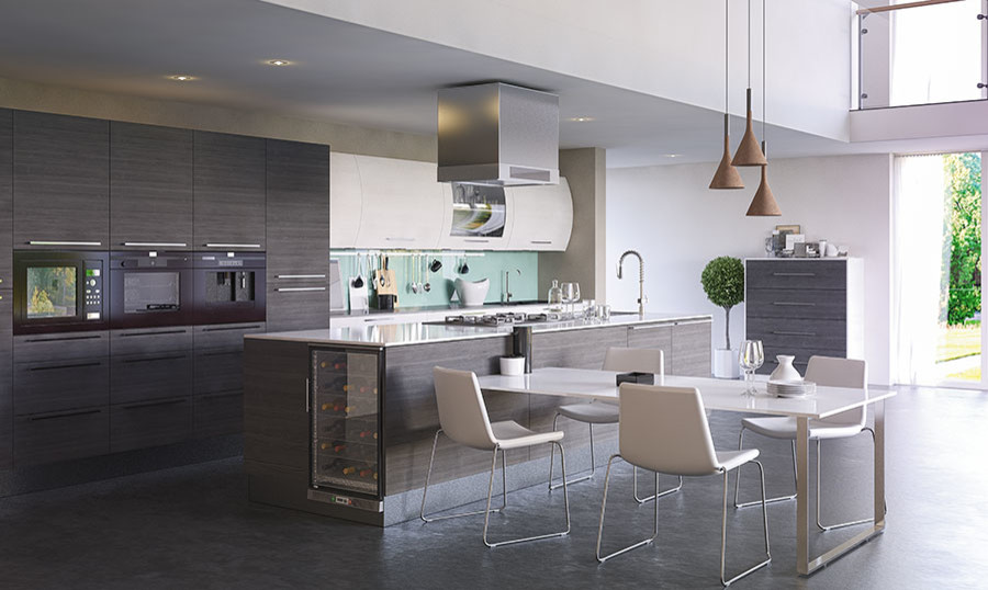 This is an example of a large contemporary l-shaped kitchen/diner in Other with a submerged sink, flat-panel cabinets, white cabinets, quartz worktops, stainless steel appliances and an island.