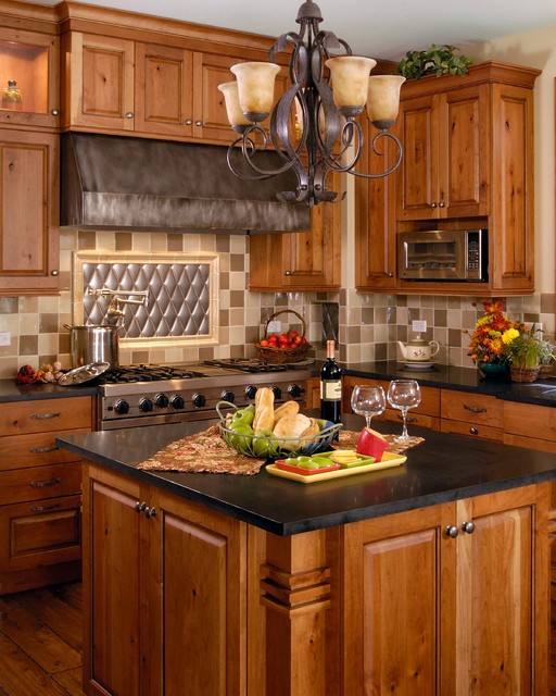 Knotty Cherry Raised Panel with Black Glaze and Honed Black