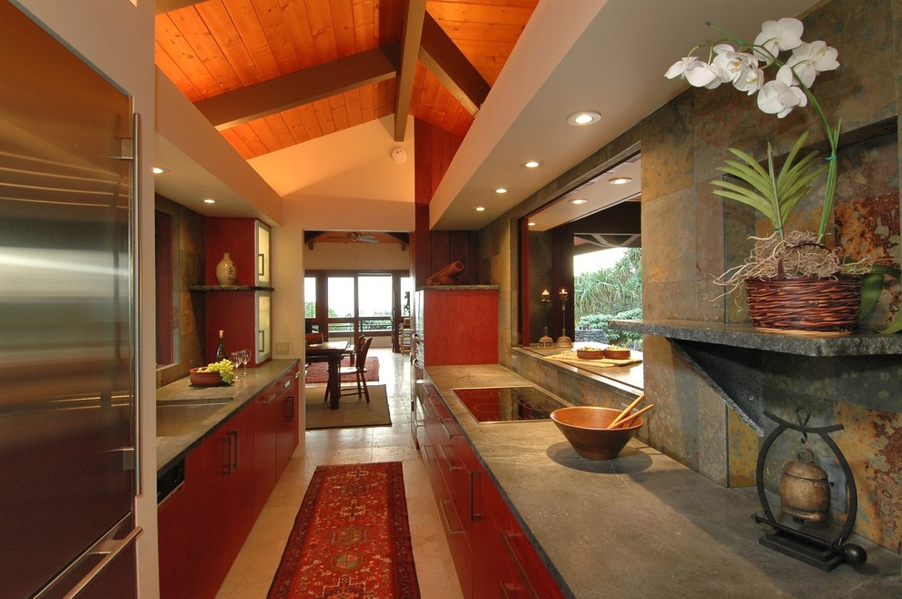 Inspiration for a world-inspired galley enclosed kitchen in Hawaii with stainless steel appliances.