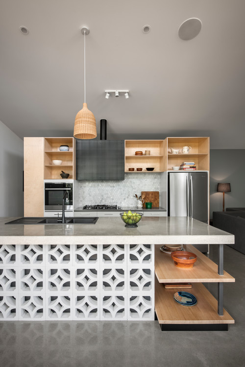 Streamlined Storage: Open Kitchen Storage Cabinets with White Flat Panels