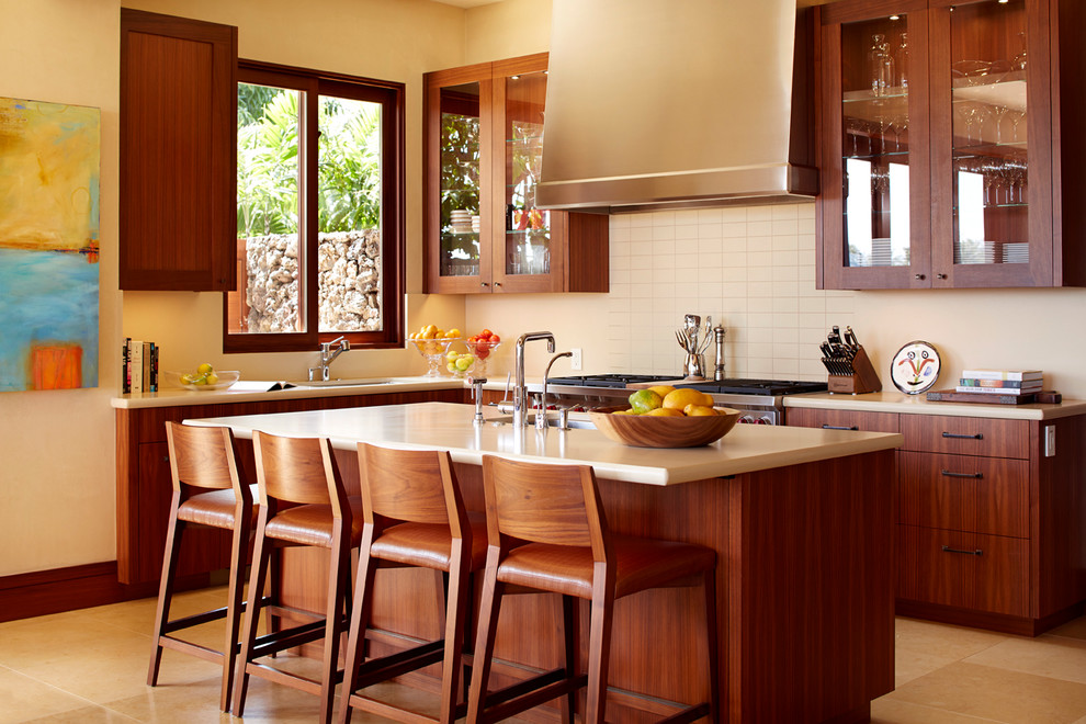 Foto di una cucina tropicale con ante lisce, ante in legno scuro, paraspruzzi bianco e elettrodomestici in acciaio inossidabile
