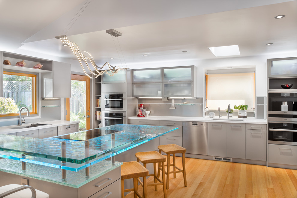 Foto di una grande cucina minimal con ante lisce, ante beige, top in vetro, paraspruzzi a effetto metallico, elettrodomestici in acciaio inossidabile, parquet chiaro e 2 o più isole