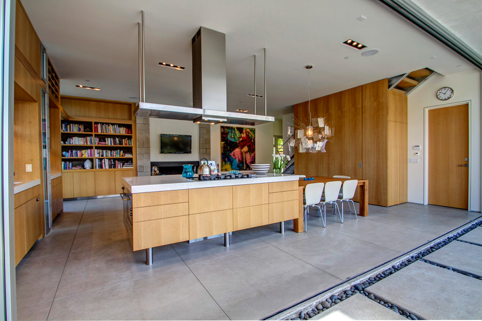 Свежая идея для дизайна: прямая кухня-гостиная с плоскими фасадами, техникой под мебельный фасад, бетонным полом и островом - отличное фото интерьера