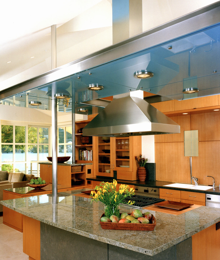 Imagen de cocina actual abierta con armarios tipo vitrina y puertas de armario de madera oscura