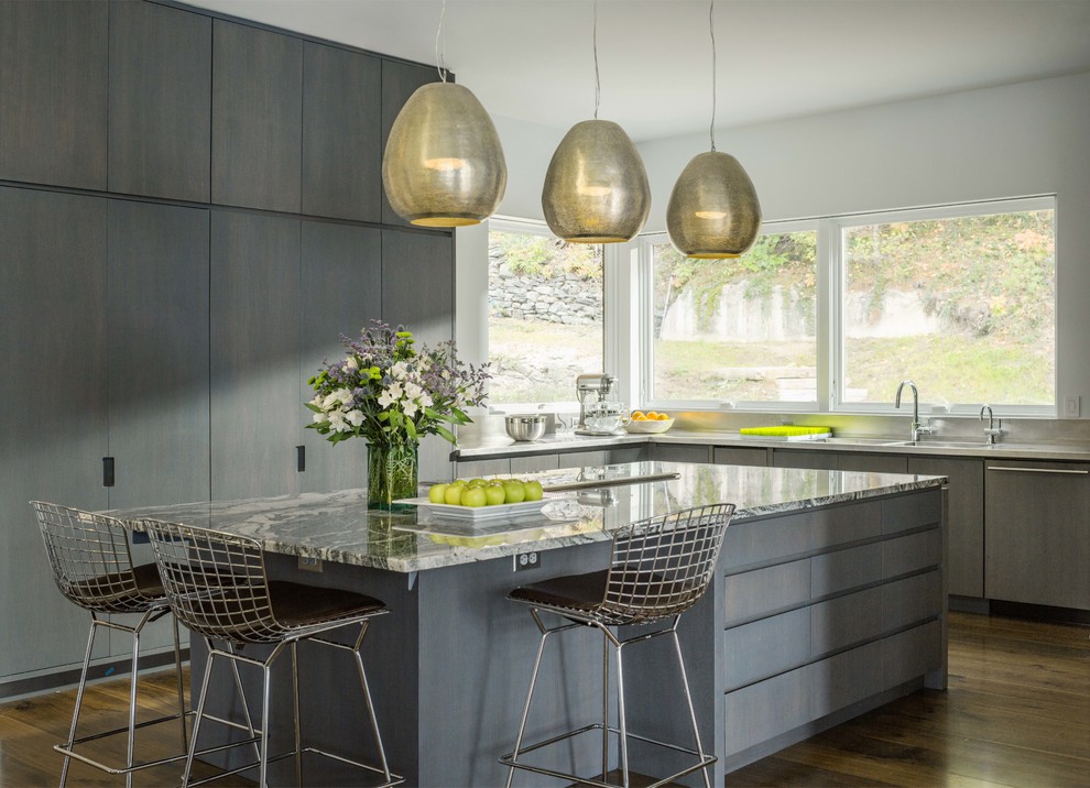 Inspiration for a contemporary l-shaped kitchen in Burlington with a double-bowl sink, flat-panel cabinets, dark hardwood flooring, an island, grey cabinets, quartz worktops, integrated appliances and grey splashback.