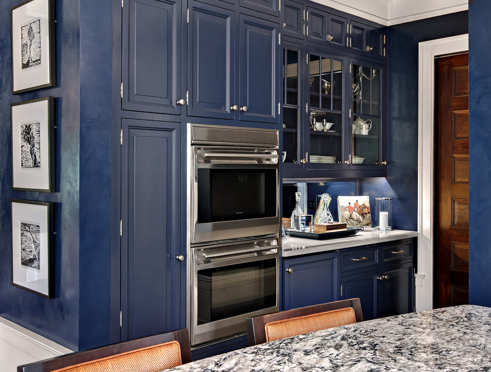 Inspiration for a timeless kitchen remodel in Minneapolis with raised-panel cabinets, blue cabinets and quartz countertops