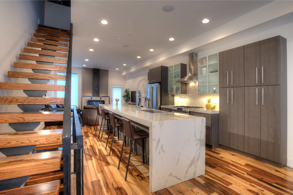 Inspiration for a contemporary kitchen remodel in Philadelphia with tile countertops and porcelain backsplash