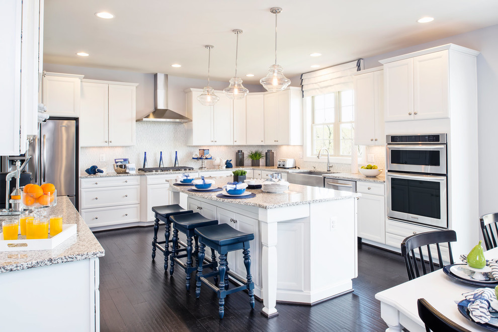 ワシントンD.C.にあるトランジショナルスタイルのおしゃれなキッチン (エプロンフロントシンク、シェーカースタイル扉のキャビネット、白いキャビネット、シルバーの調理設備、塗装フローリング) の写真