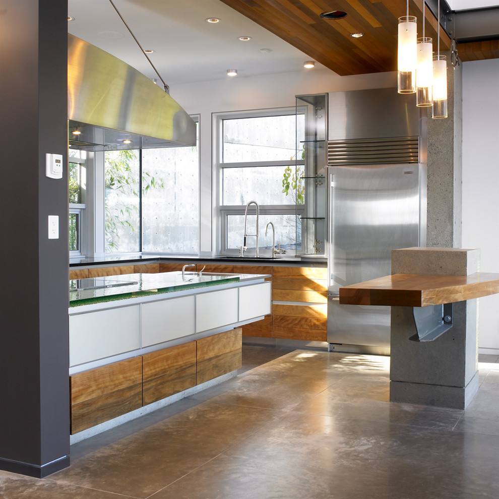 Kitchen - contemporary kitchen idea in Vancouver with glass countertops and stainless steel appliances