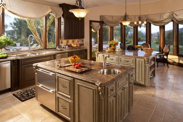 Large Kitchen Island Was Split Into Two Separate Islands Mediterranean Kitchen Los Angeles By Susan Owens Design Inc Houzz