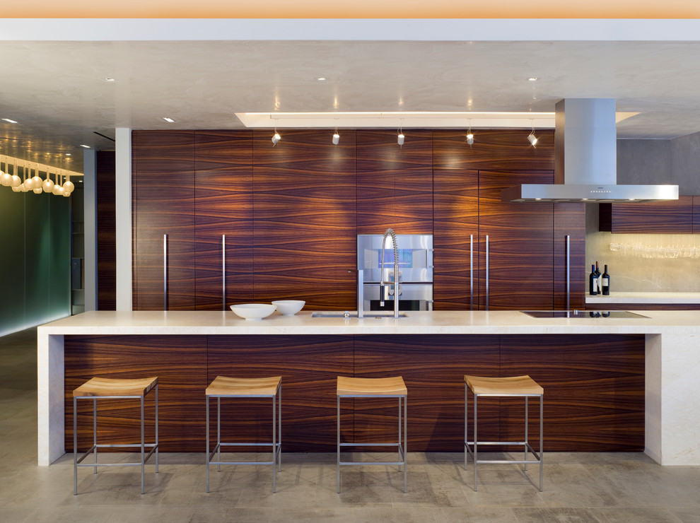 На фото: параллельная кухня в стиле модернизм с врезной мойкой, плоскими фасадами и темными деревянными фасадами с