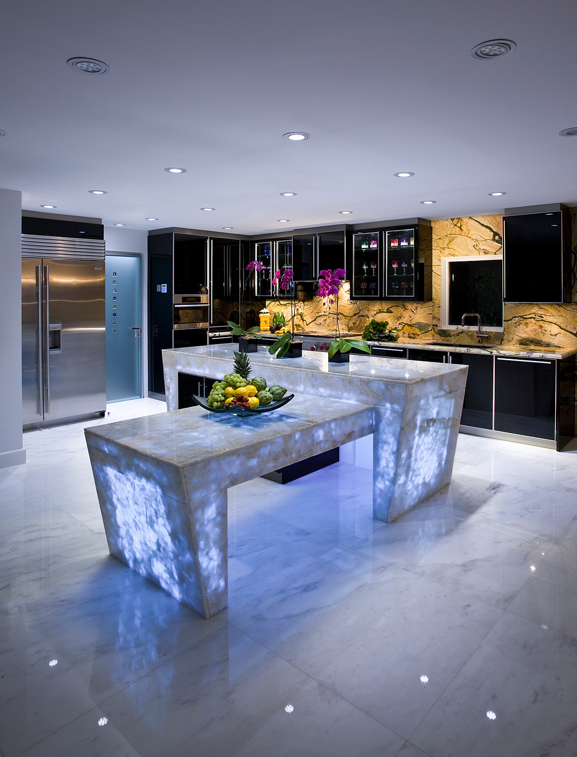 Beautiful Marble Kitchen Counter and Stove With Cobalt Blue Decor