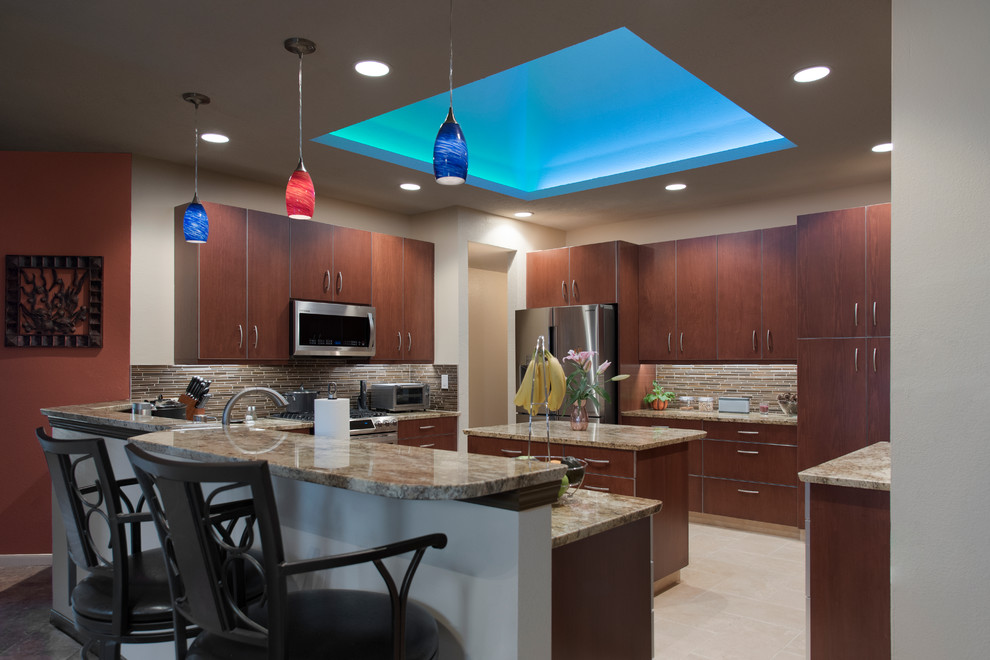 Example of a mid-sized trendy u-shaped porcelain tile and beige floor eat-in kitchen design in Houston with a single-bowl sink, flat-panel cabinets, dark wood cabinets, granite countertops, brown backsplash, glass tile backsplash, stainless steel appliances and an island