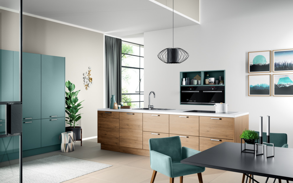 Inspiration for a medium sized modern single-wall kitchen/diner in Calgary with a double-bowl sink, flat-panel cabinets, turquoise cabinets, quartz worktops, blue splashback, wood splashback, black appliances, ceramic flooring, an island, beige floors and white worktops.
