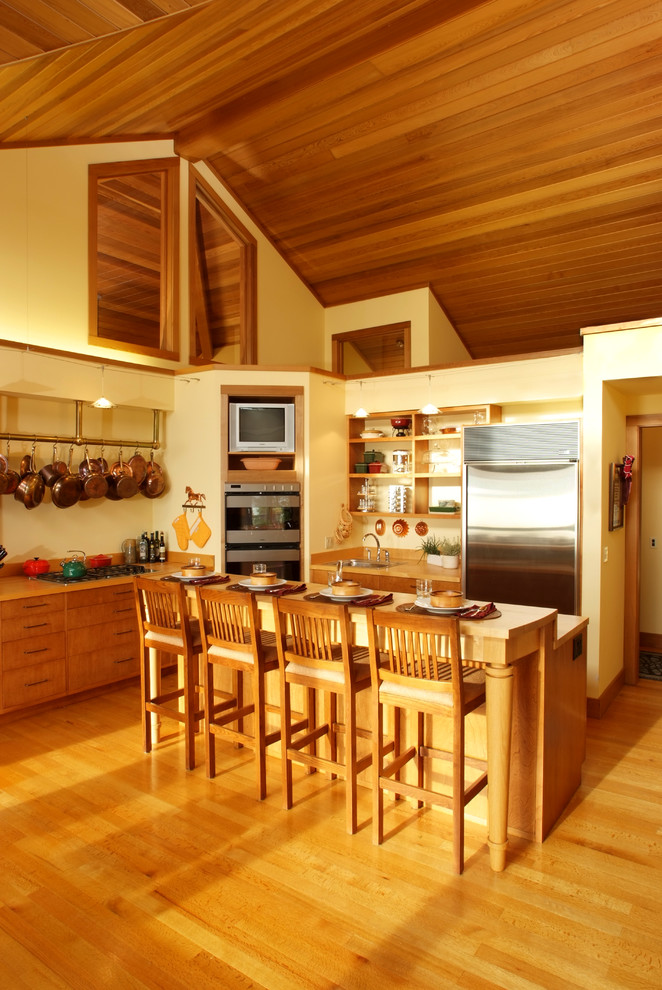 Idée de décoration pour une cuisine américaine design en L et bois clair de taille moyenne avec un placard à porte plane, un plan de travail en bois, une crédence en bois, un électroménager en acier inoxydable, un sol en bois brun, îlot et un sol marron.