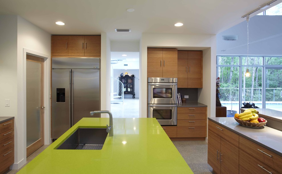 Cette image montre une cuisine minimaliste avec un électroménager en acier inoxydable et un plan de travail vert.