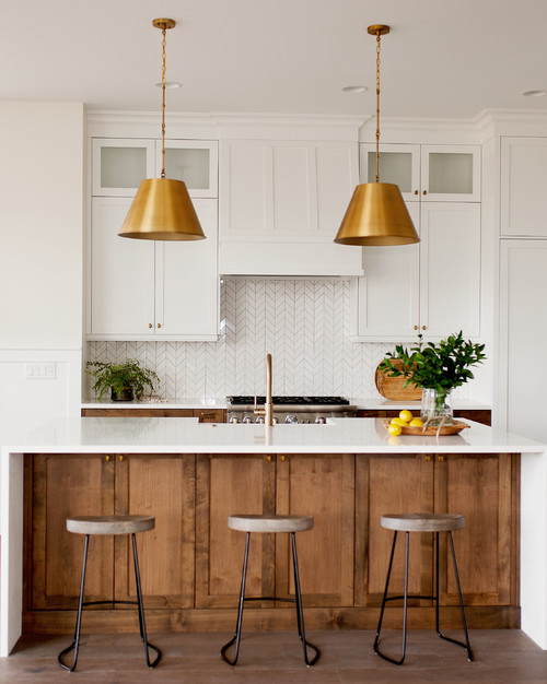 Achieve Minimalist Elegance in a Kitchen Design Featuring Wood Cabinets and White Mosaic Tile Backsplash