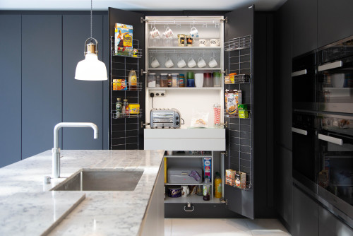 Contemporary Kitchen with Minimalist Carbon Grey Storage Cabinet Solutions