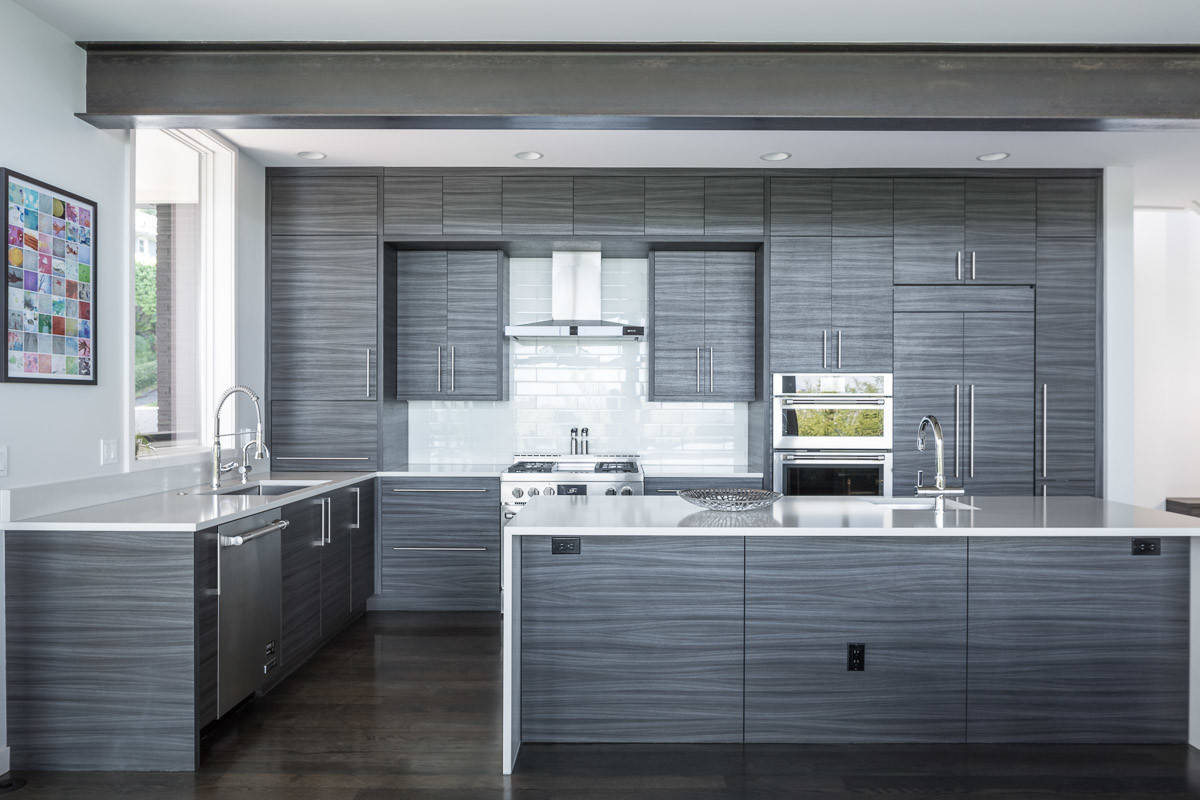 Black cabinets grey floor best sale