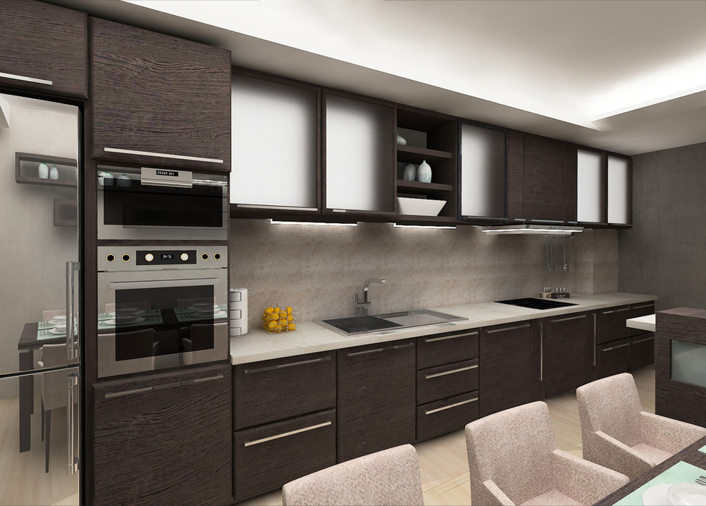 Contemporary single-wall kitchen/diner in Other with a single-bowl sink, dark wood cabinets, marble worktops, stainless steel appliances, limestone flooring, no island, beige floors and white worktops.