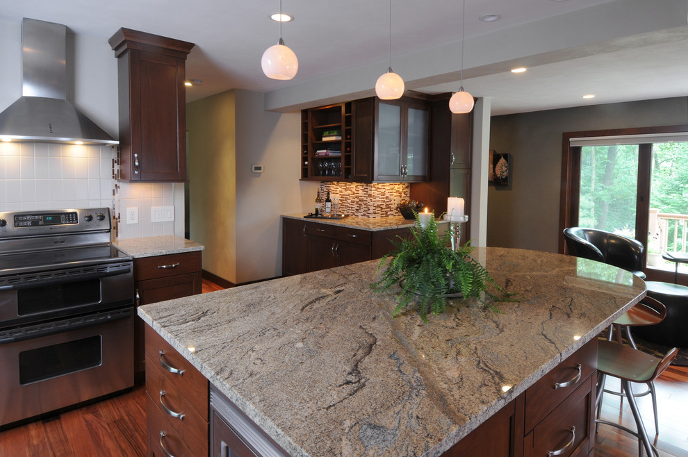 Light Brown Granite Top on Medium Stained Modern Kitchen