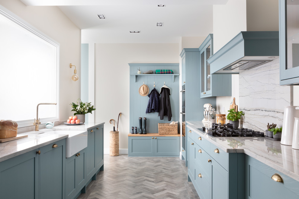 Design ideas for a medium sized farmhouse galley kitchen in West Midlands with granite worktops, white splashback and white worktops.