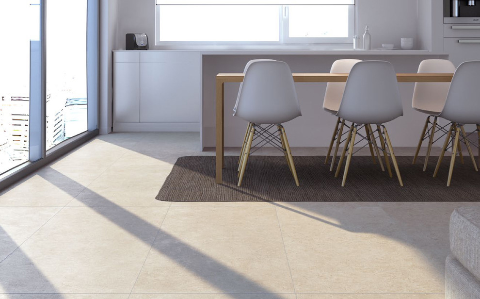 Idee per una grande cucina abitabile minimal con pavimento in gres porcellanato