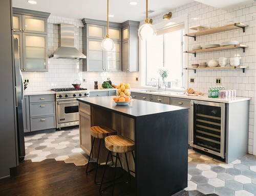 Transitional kitchen space featuring Silestone