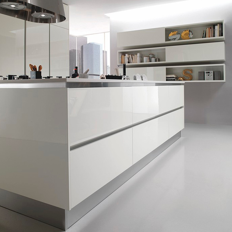 Design ideas for a large contemporary u-shaped kitchen/diner in Tampa with flat-panel cabinets and white cabinets.
