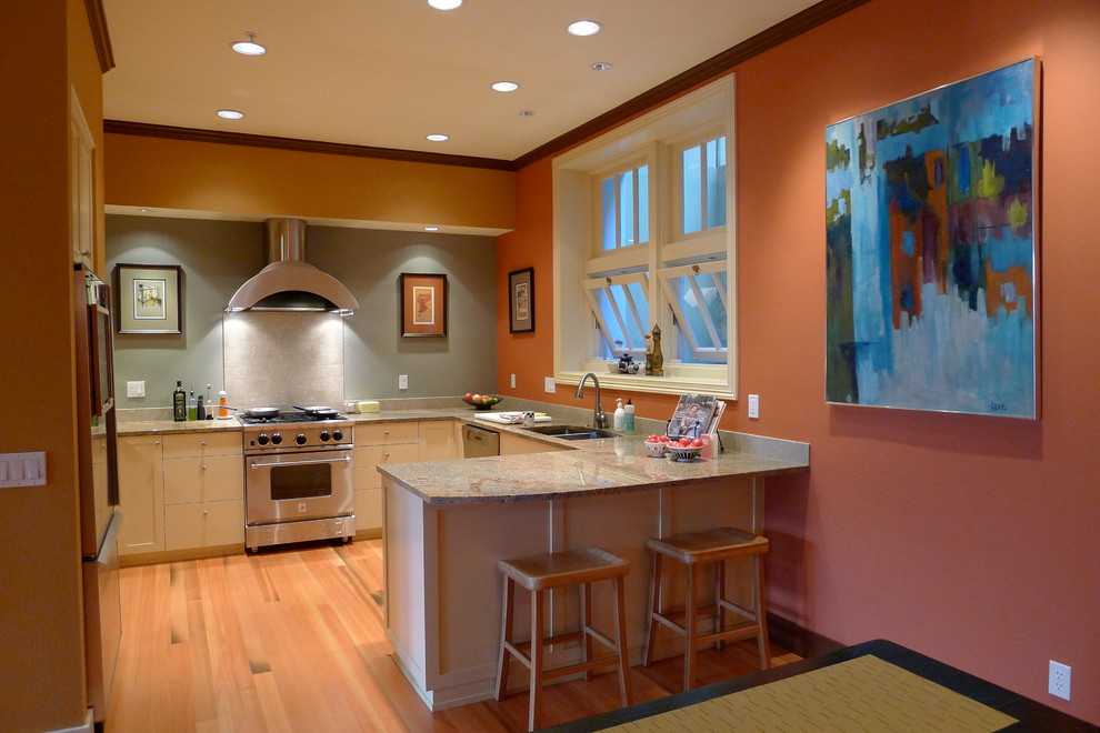 Design ideas for a contemporary kitchen in Portland with stainless steel appliances.