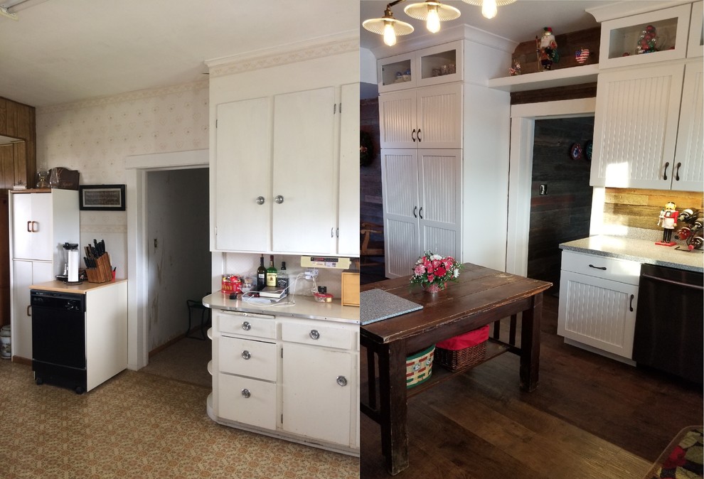 Cette photo montre une cuisine nature avec des portes de placard blanches et un plan de travail en surface solide.