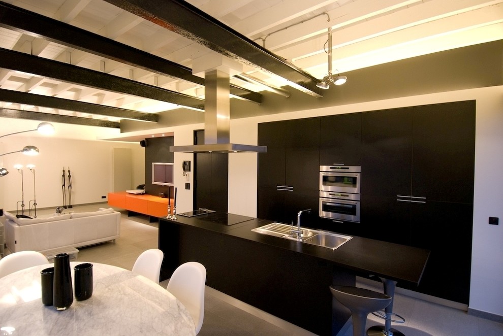 Идея дизайна: параллельная кухня-гостиная в стиле лофт с накладной мойкой, плоскими фасадами, черными фасадами и техникой из нержавеющей стали