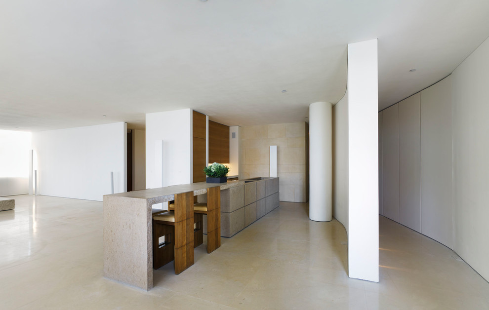 Источник вдохновения для домашнего уюта: кухня-гостиная в стиле модернизм с плоскими фасадами, серыми фасадами, островом, бежевым полом и бежевой столешницей