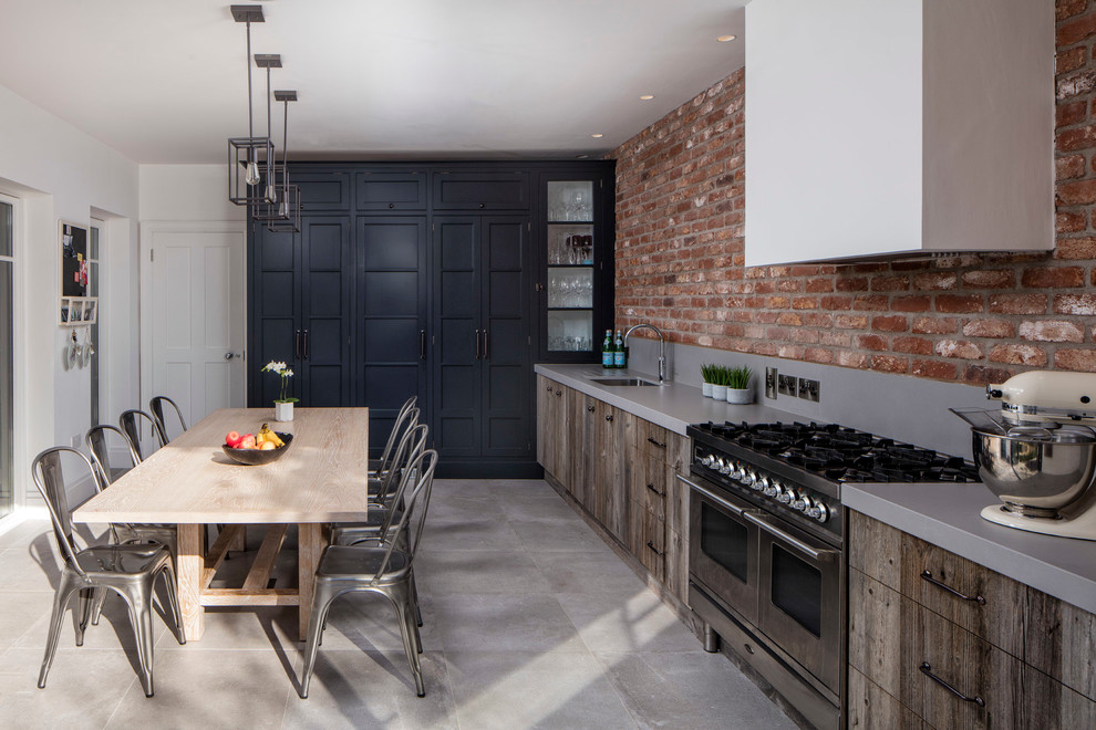 Eat-in kitchen - mid-sized contemporary single-wall eat-in kitchen idea in Dublin with a single-bowl sink, flat-panel cabinets, distressed cabinets, stainless steel appliances and no island