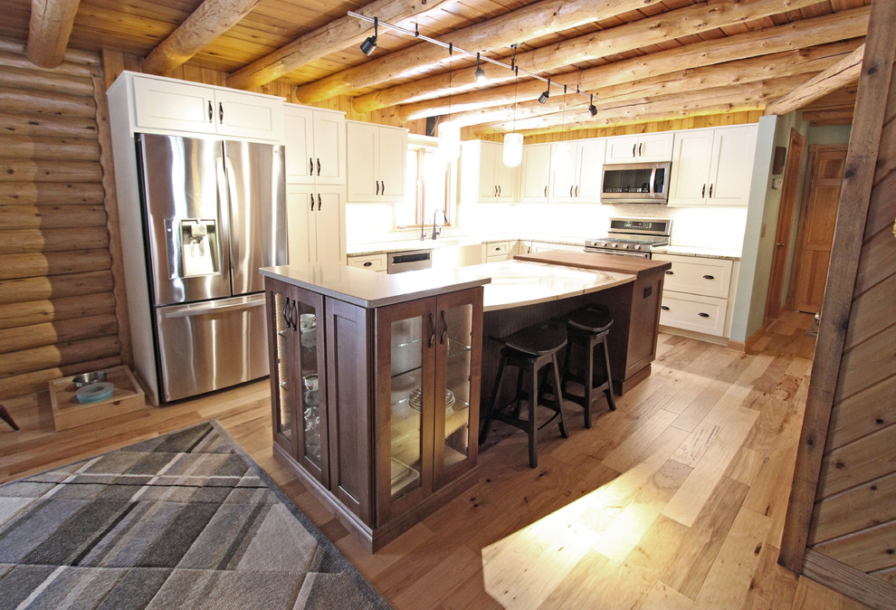 Log Cabin Rustic White Kitchen with Granite and Wood Countertops Rustic Kitchen