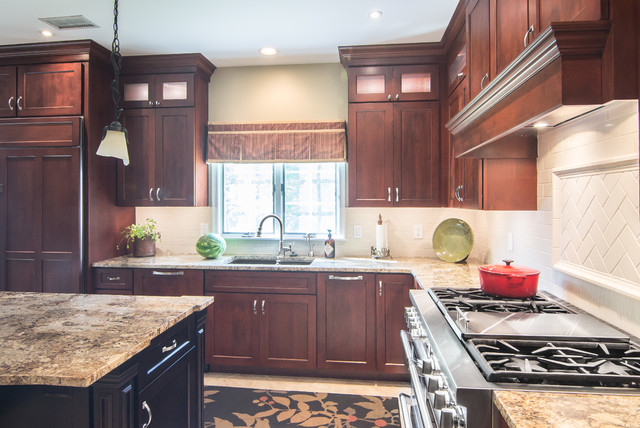 Long Dry Bar Wall with Ribbed Glass Cabinets - Traditional - Kitchen ...