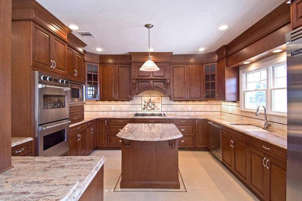 Inspiration for a large timeless u-shaped medium tone wood floor and beige floor enclosed kitchen remodel in New York with a double-bowl sink, raised-panel cabinets, medium tone wood cabinets, laminate countertops, beige backsplash, stone tile backsplash, stainless steel appliances and an island