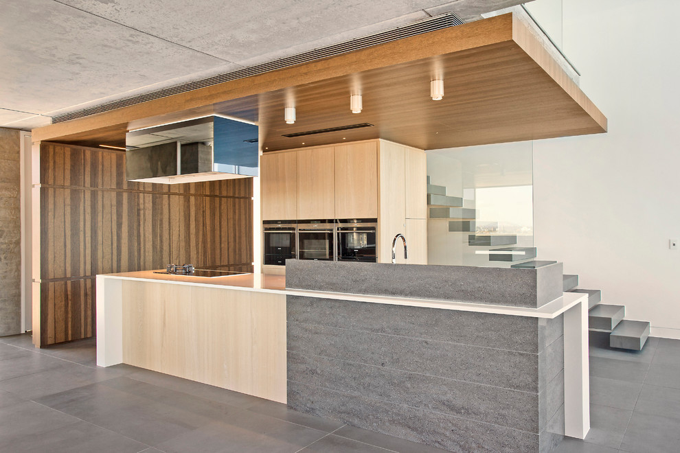 Imagen de cocina contemporánea de tamaño medio abierta con armarios con paneles lisos, puertas de armario de madera clara y electrodomésticos de acero inoxidable