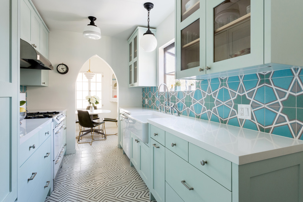 Small eclectic galley enclosed kitchen photo in Los Angeles with shaker cabinets and no island