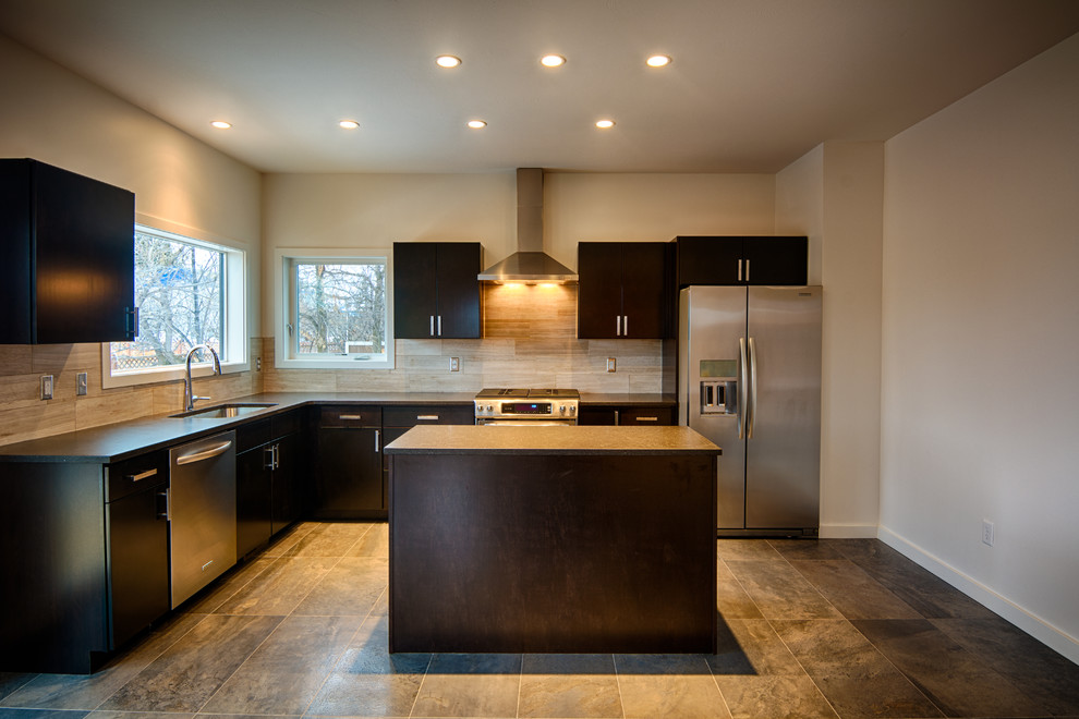 Inspiration for a mid-sized contemporary l-shaped porcelain tile open concept kitchen remodel in Other with an undermount sink, flat-panel cabinets, dark wood cabinets, quartz countertops, beige backsplash, stone tile backsplash, stainless steel appliances and an island