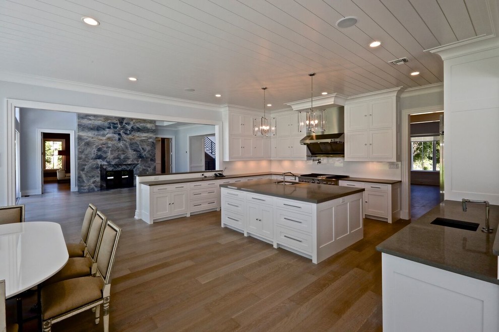 Example of a large trendy kitchen design in New York with an island
