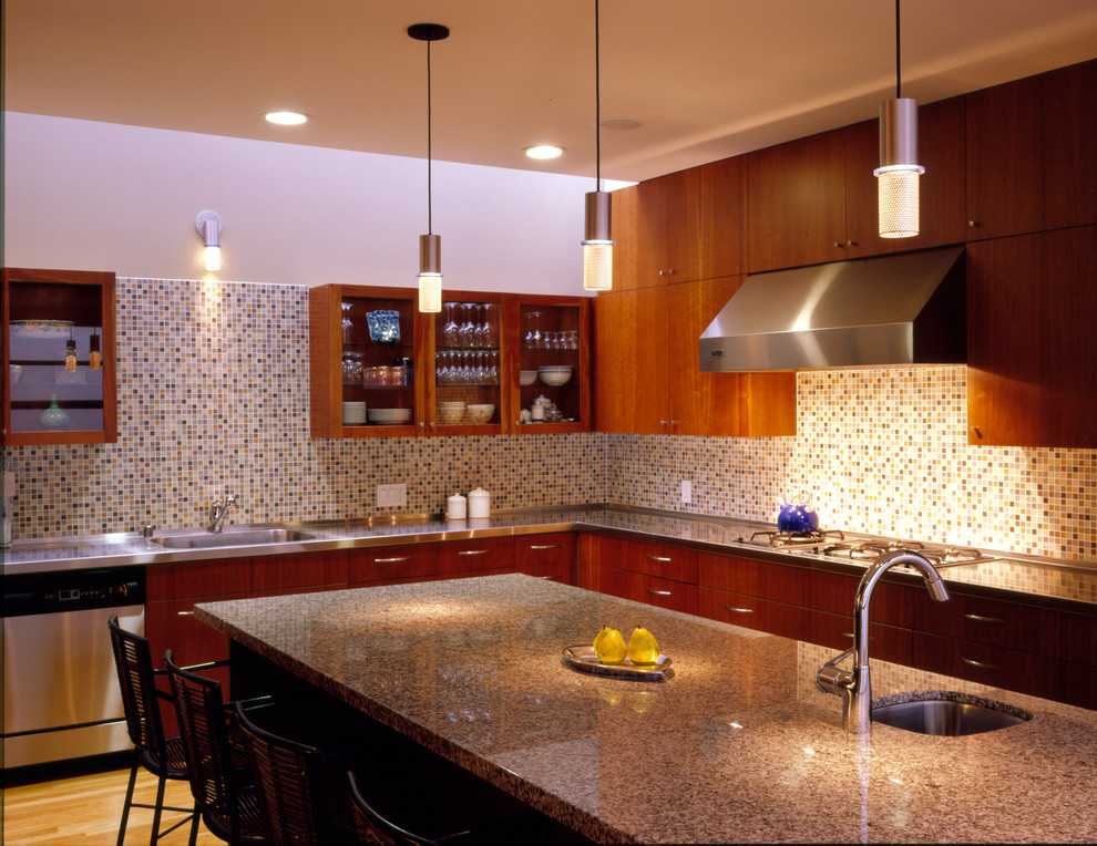 Inspiration for a contemporary kitchen in San Francisco with flat-panel cabinets and medium wood cabinets.