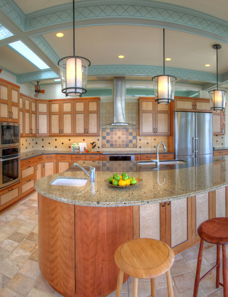 Example of a large beach style l-shaped terra-cotta tile and red floor open concept kitchen design in New York with a single-bowl sink, beaded inset cabinets, beige cabinets, quartz countertops, beige backsplash, ceramic backsplash, stainless steel appliances and an island