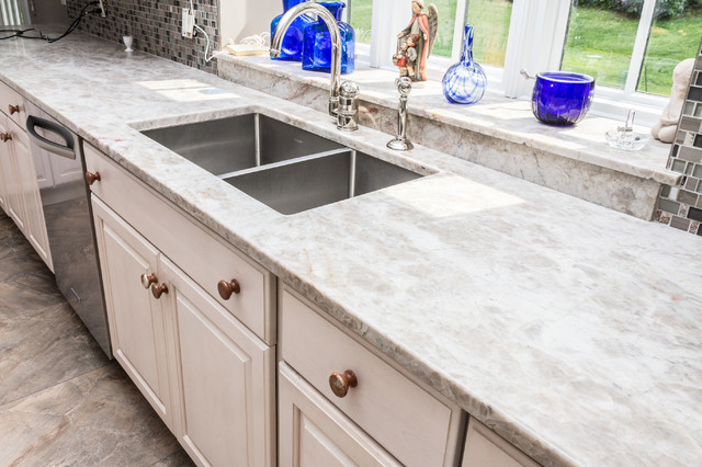 Lumerian Light Granite & Madre Perla Quartz Kitchen - Traditional ...