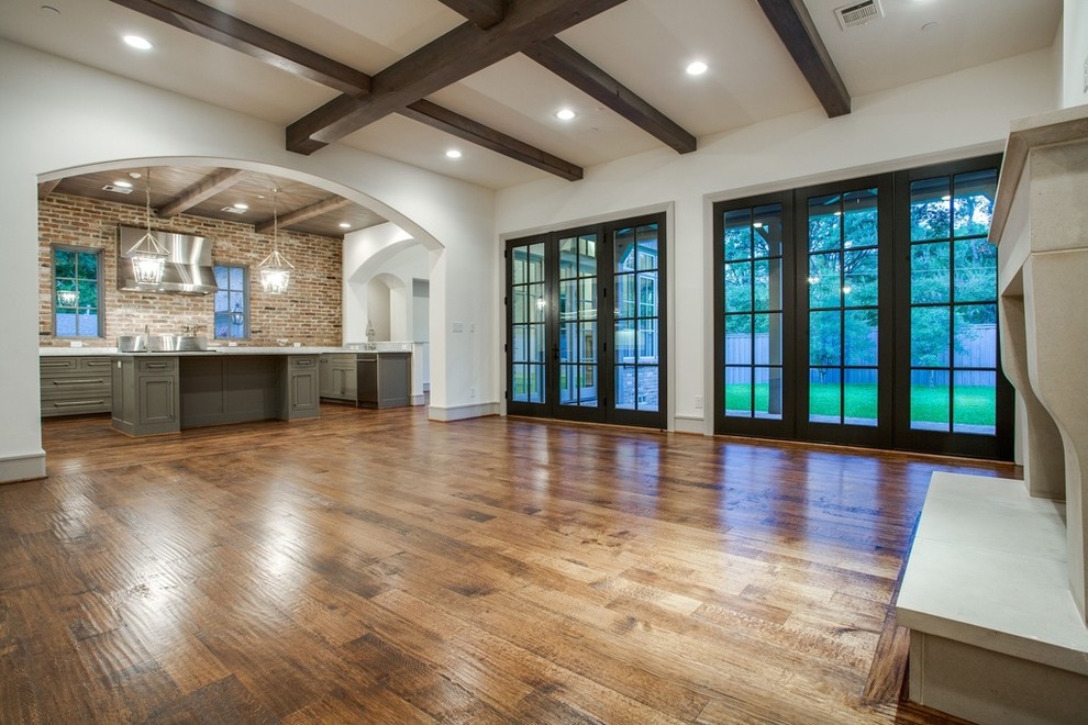 Large transitional u-shaped dark wood floor and brown floor enclosed kitchen photo in Dallas with an undermount sink, shaker cabinets, green cabinets, marble countertops, red backsplash, brick backsplash, stainless steel appliances and an island